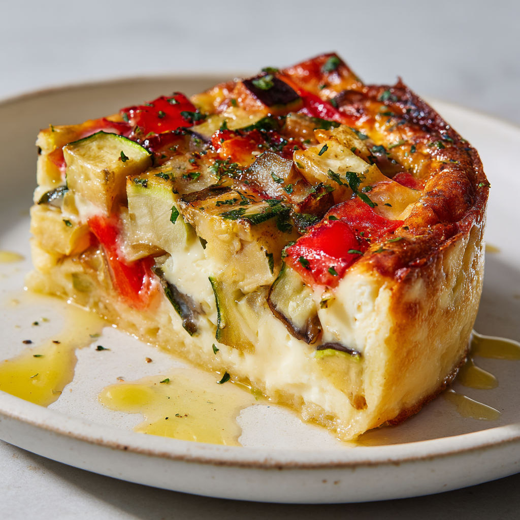 Une tarte aux légumes et fromage, avec une sauce au beurre d'olive, est servie sur un plateau.