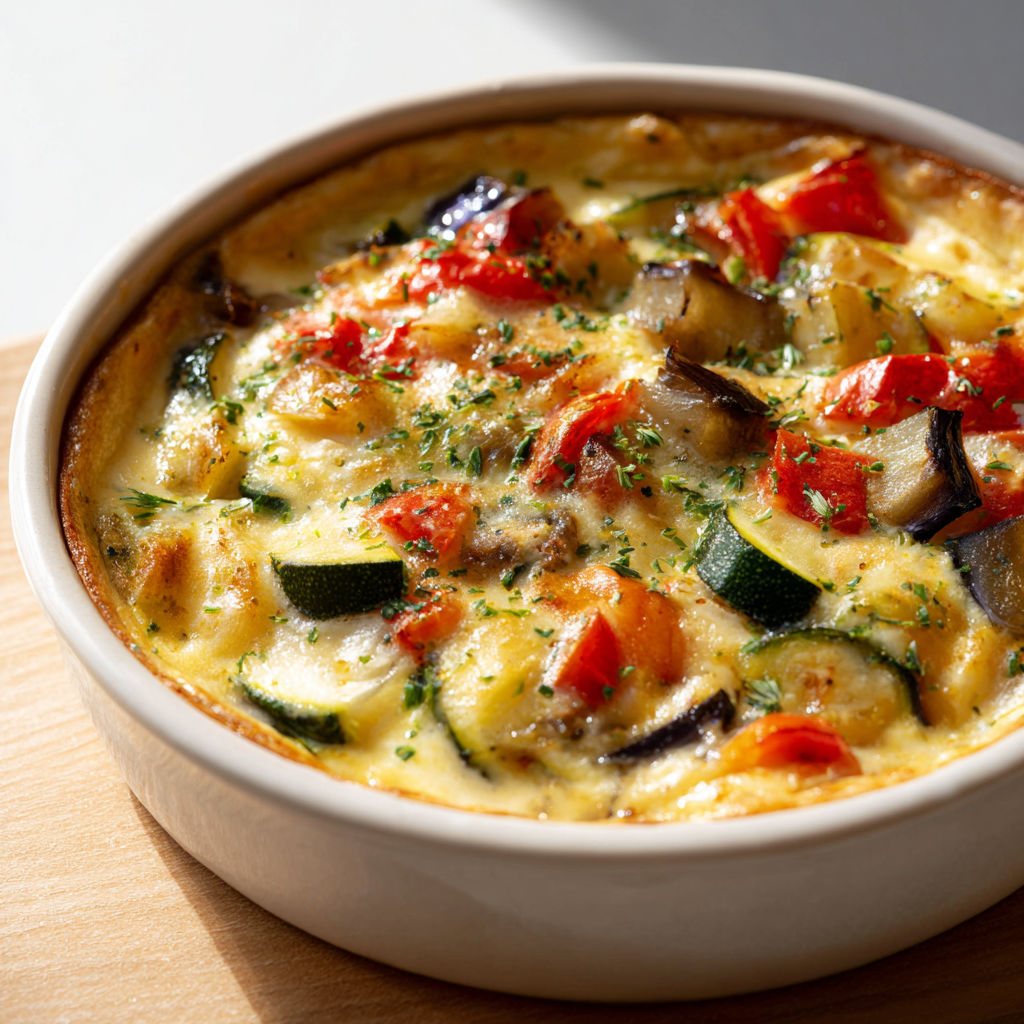 Une tarte au zucchini et aux légumes colorés, avec une sauce au fromage riche et savoureuse.