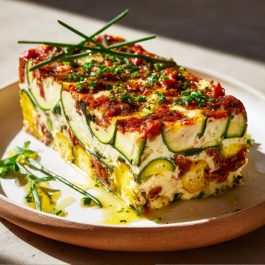 Une terrine de courgettes au chorizo est servie sur un plateau.
