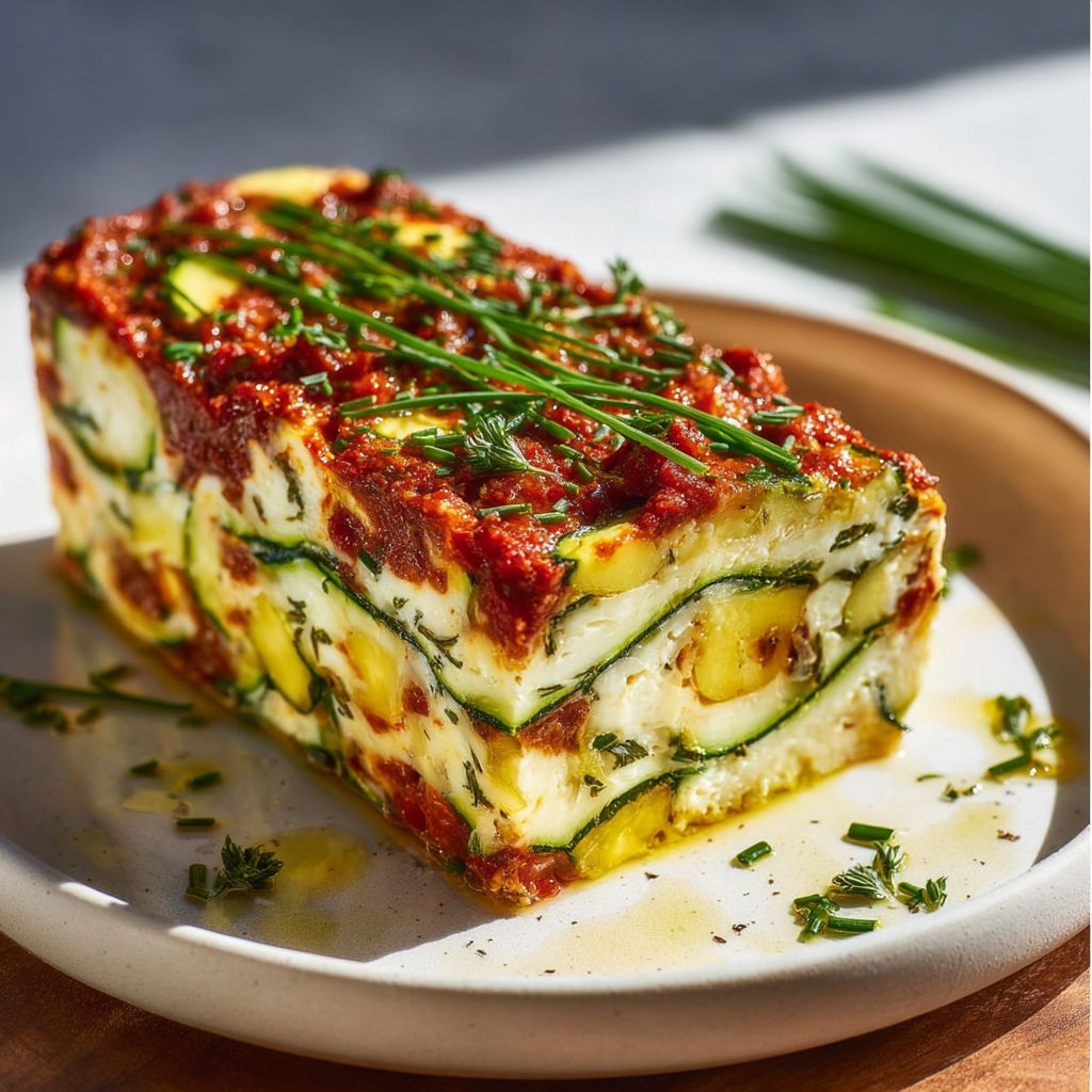 Une terrine fraîche de courgettes et chorizo au parmesan est servie sur un plateau.