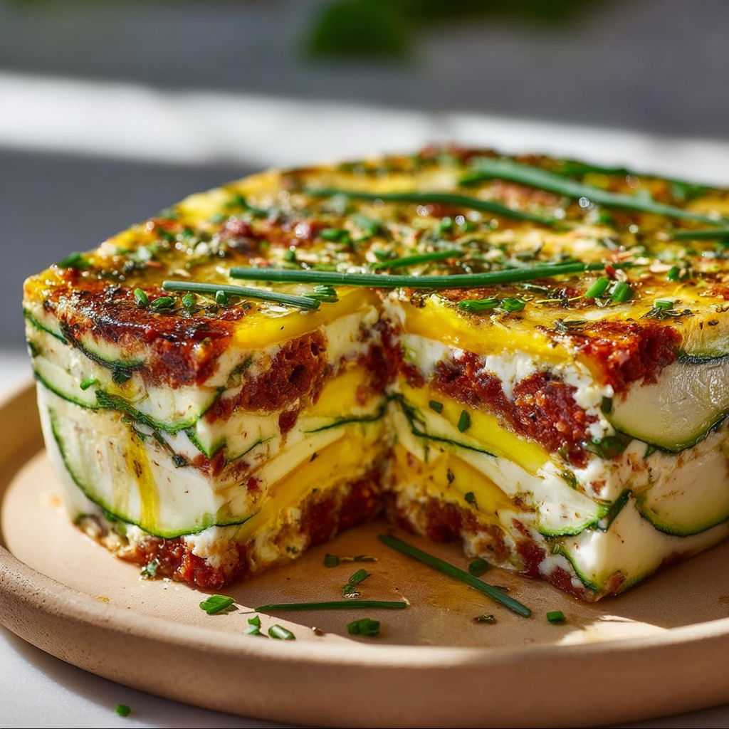 Une pièce de flan salé courgette-chorizo à la ciboulette est servie sur un plateau.