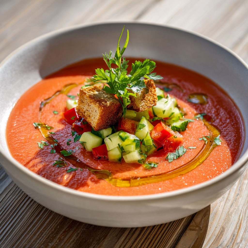 Une assiette de gaspacho avec des légumes frais et du pain grillé.