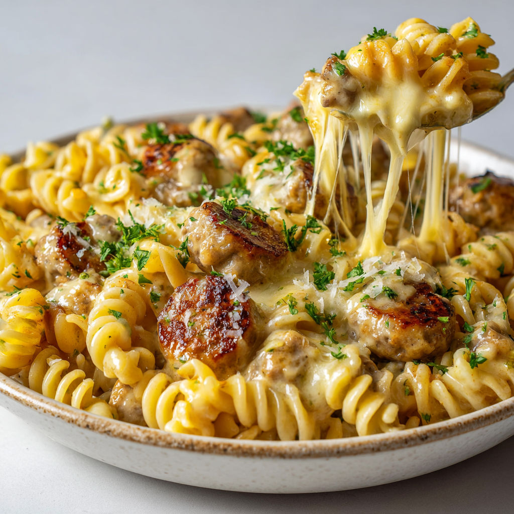Une casserole de pâtes rotini au poulet, saucisse et cheddar, avec des herbes vertes et une sauce chaude.