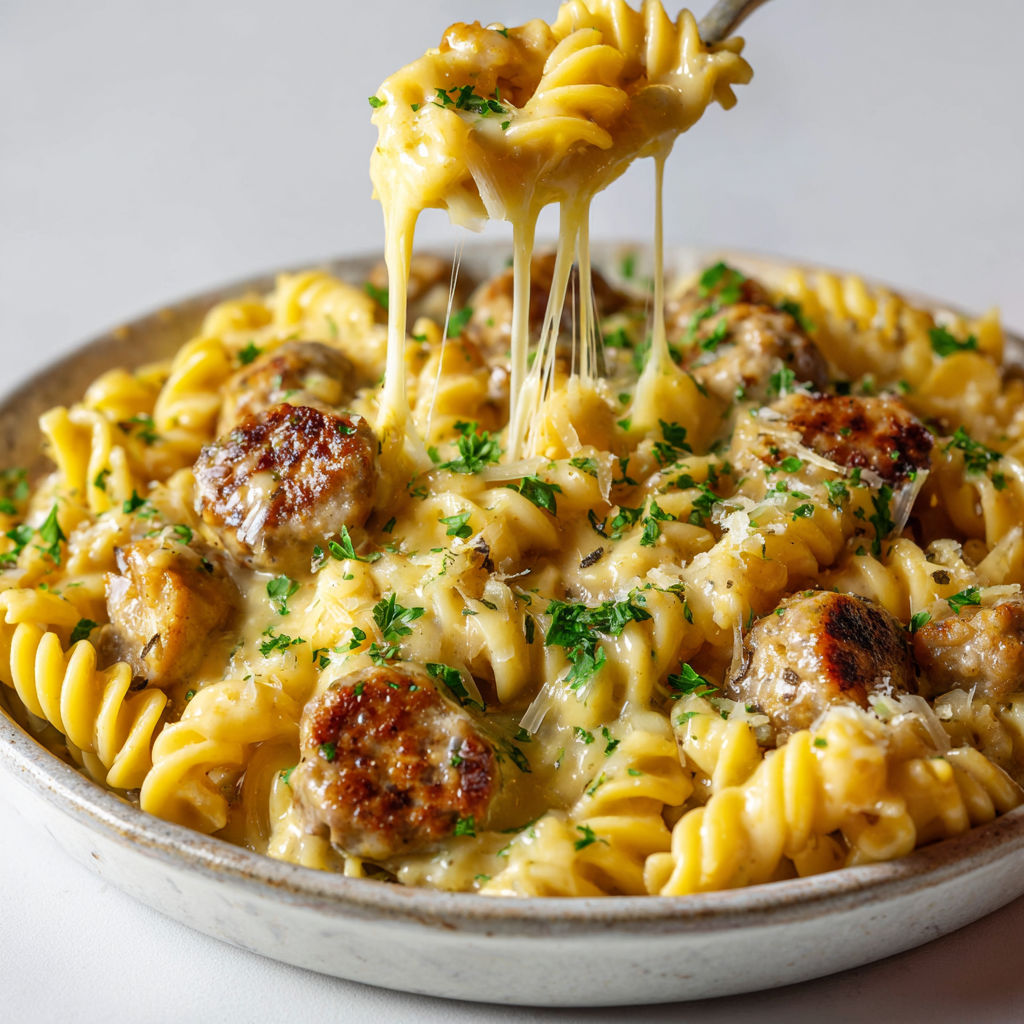 Casserole crémeuse de rotini au poulet et saucisse, gratinée au cheddar, servie dans un bol en gris.