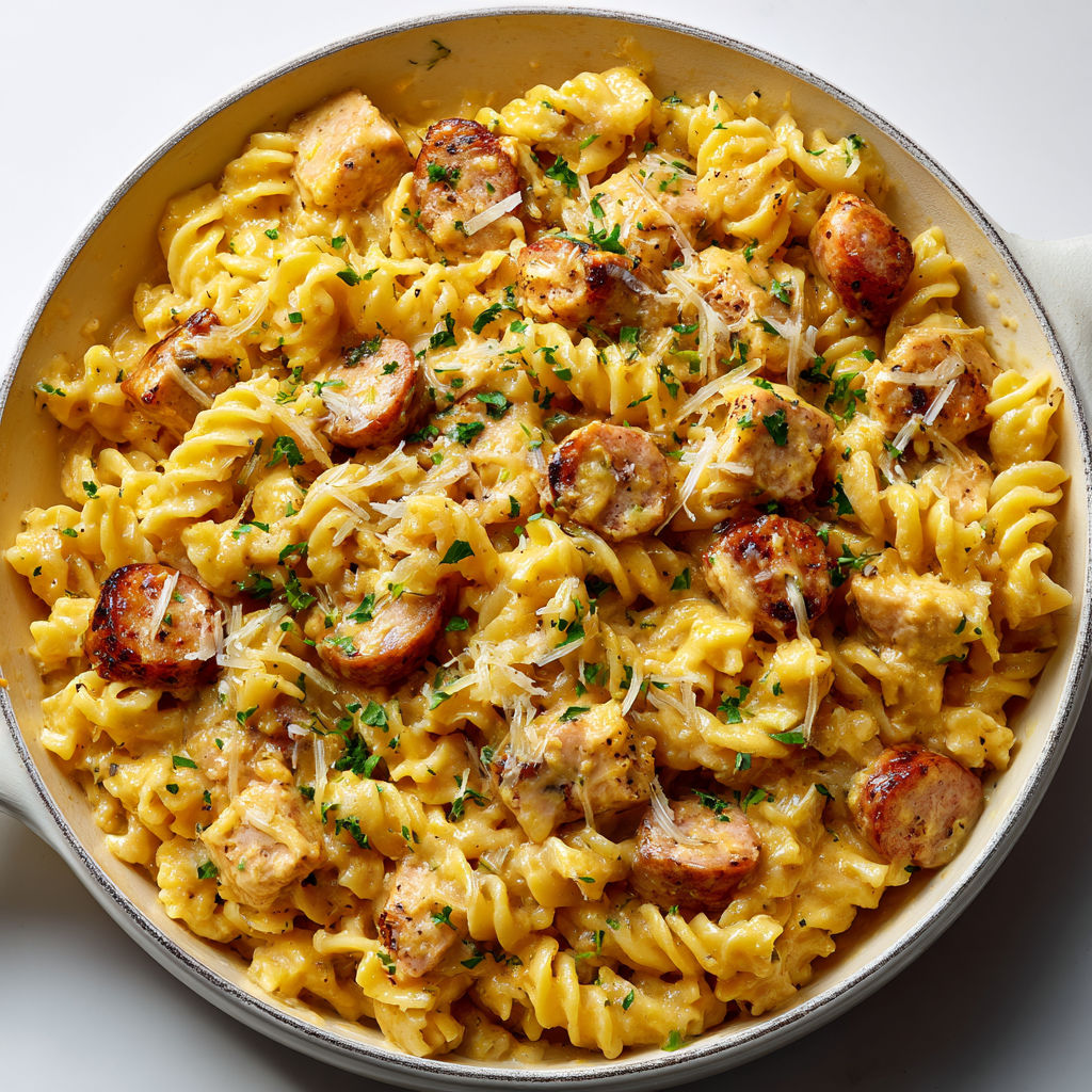 Un plat de pâtes fondantes au cheddar, saucisse dorée et morceaux de poulet.