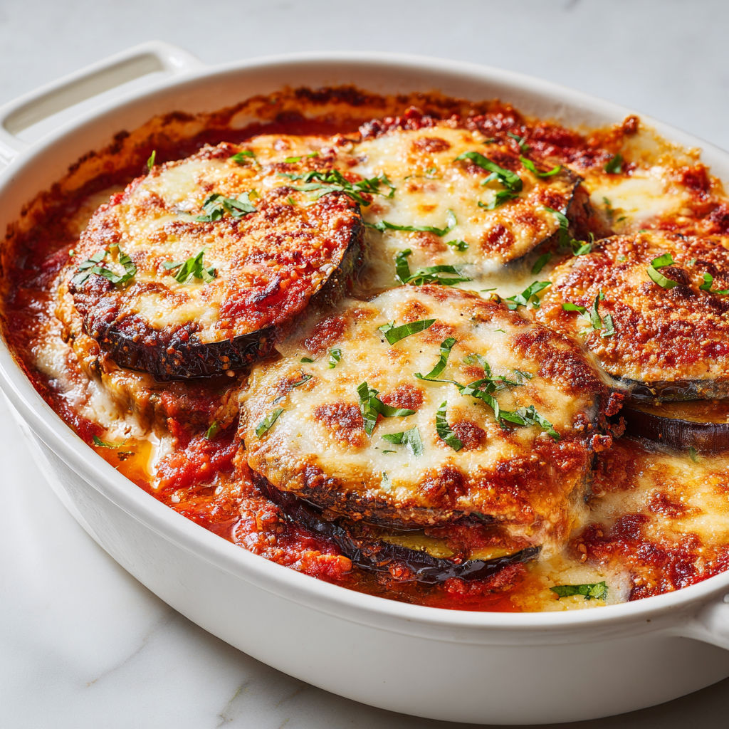 Une gratin d'aubergines à l'italienne est servie dans un bol en porcelaine.