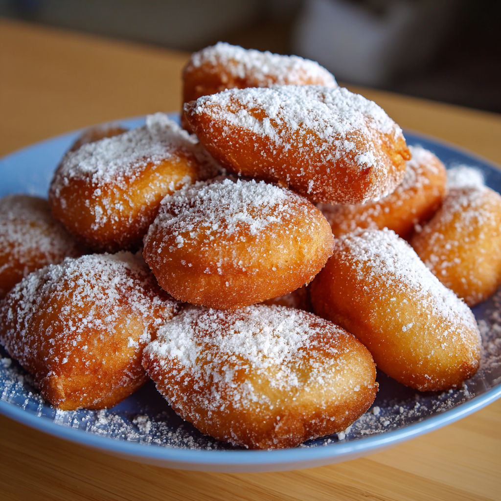 Une plaque de beignets Alsaciens, recette Késala, avec des grains de sucre sur le dessert.