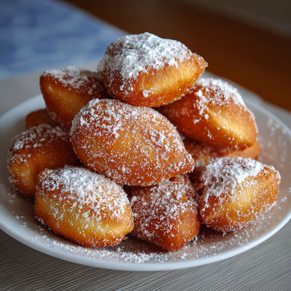Une pile de beignets traditionnels d'Alsace, recette Késala moelleux à la crème, sur un plateau.