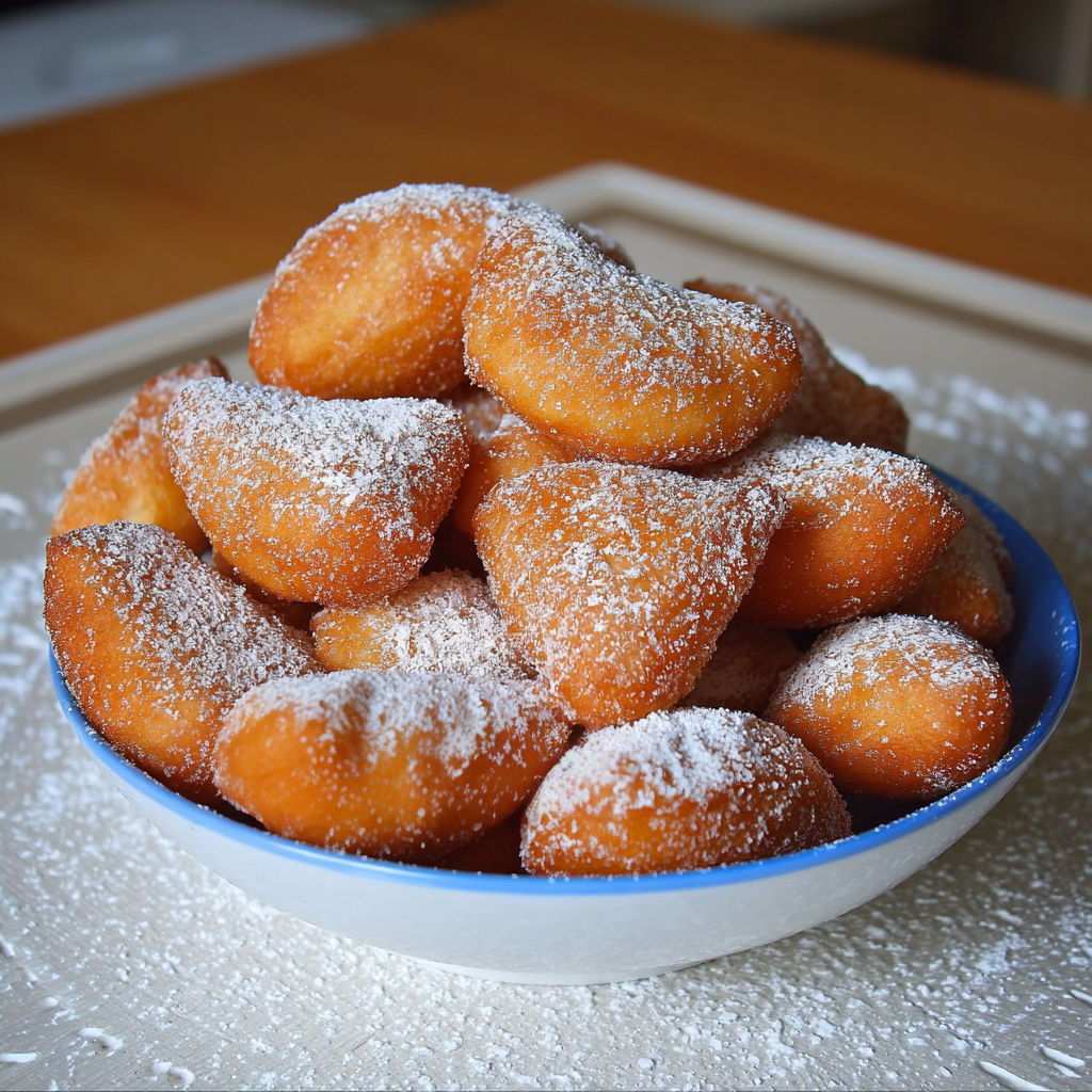 Un plat de beignets d'Alsace sucrés et dorés, un goût d'enfance.