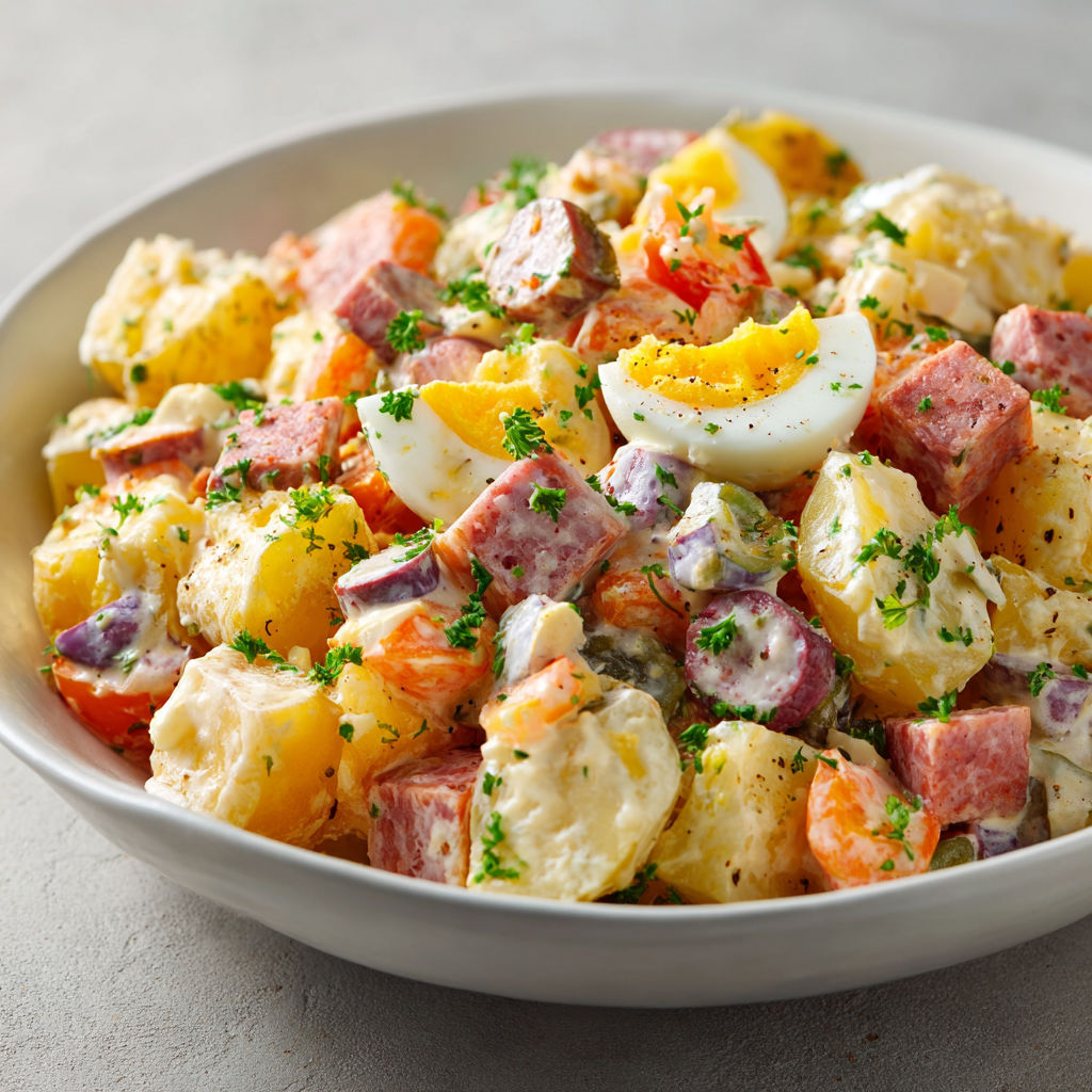 Une salade piémontaise façon traiteur, composée de légumes et de viande, est servie dans un bol.