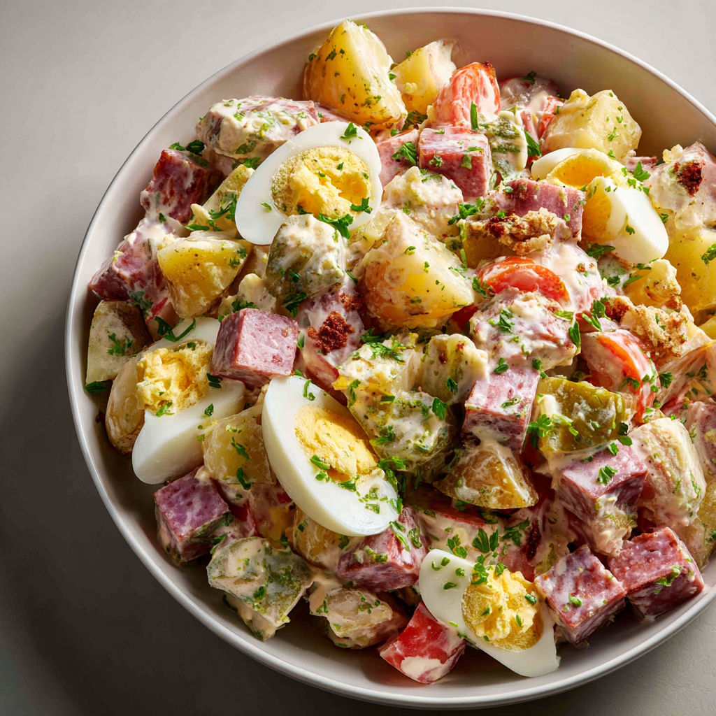 Une salade piémontaise généreuse à l'ancienne, comme chez le traiteur, est servie dans un bol.