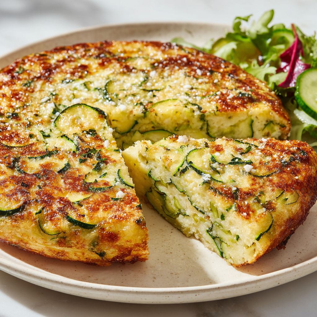 Un gâteau invisible aux courgettes et parmesan, découpé en tranches et présenté sur un plateau.
