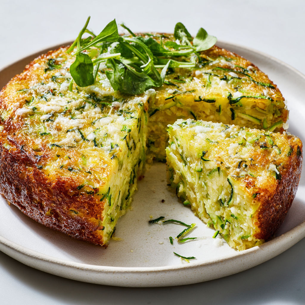 Une tarte invisible de courgettes au parmesan, légère et fondante, servie sur un plateau.