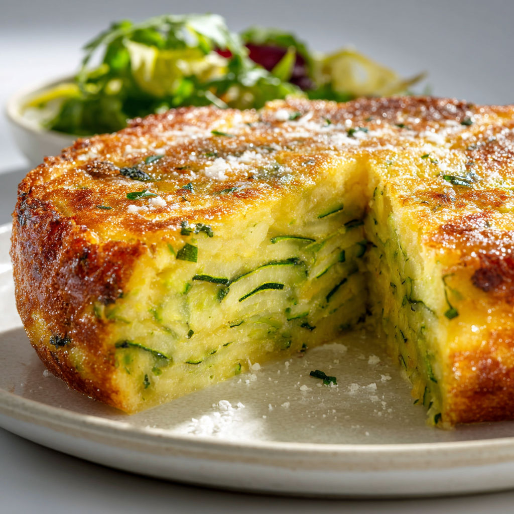 Une portion de moelleux aux courgettes, parfumé au fromage, est servie sur un plateau.
