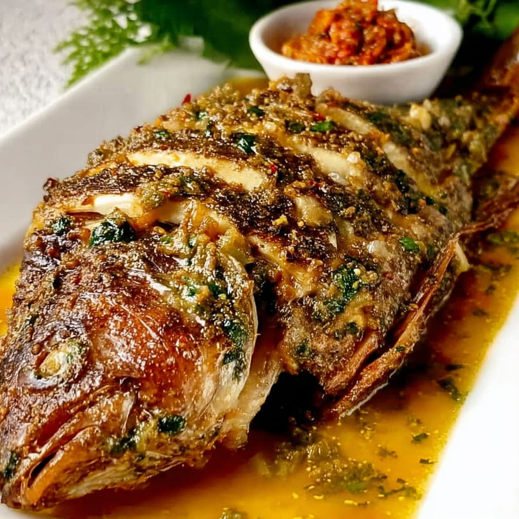 Poisson braisé à la camerounaise, avec une sauce au curry et des herbes.