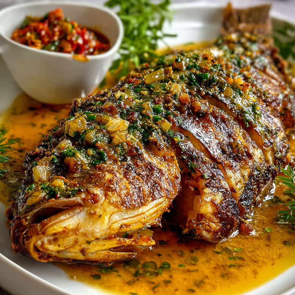 Poisson braisé façon camerounaise, mariné aux épices africaines, avec une sauce au citron et des herbes fraîches.