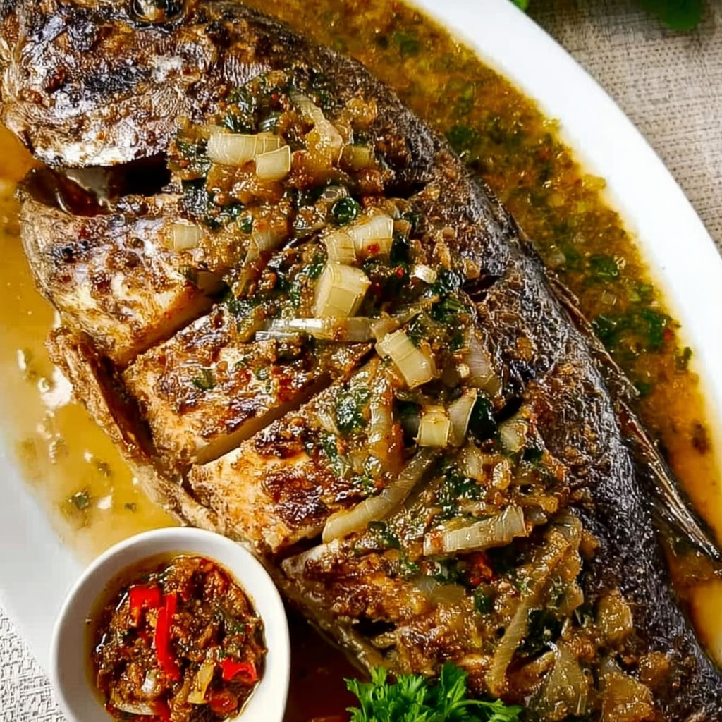 Poisson braisé parfumé au djansang et pébé, avec des légumes verts et des épices.