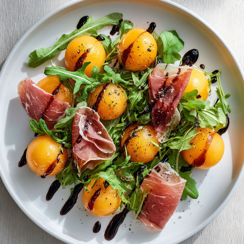 Une salade de tomates et de prosciutto, avec des feuilles de laurier et des sauces noires.
