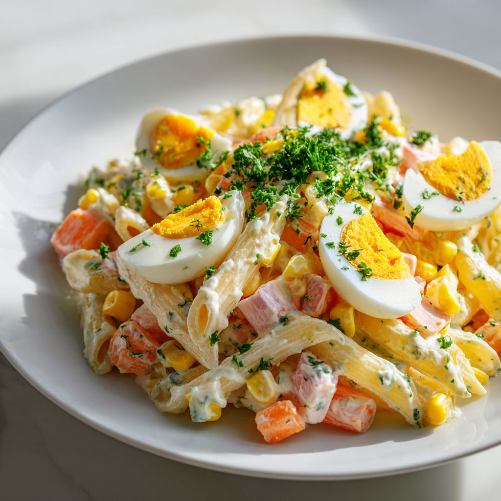 Une salade de pâtes au surimi et œufs durs est servie sur un plateau.