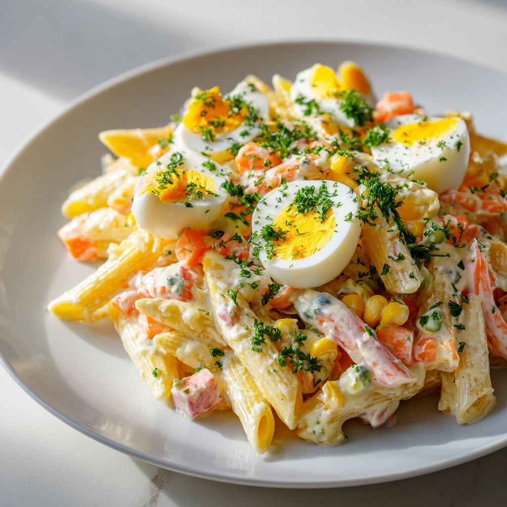 Une salade de pâtes fraîcheur au surimi, œufs et maïs est servie sur un plateau.