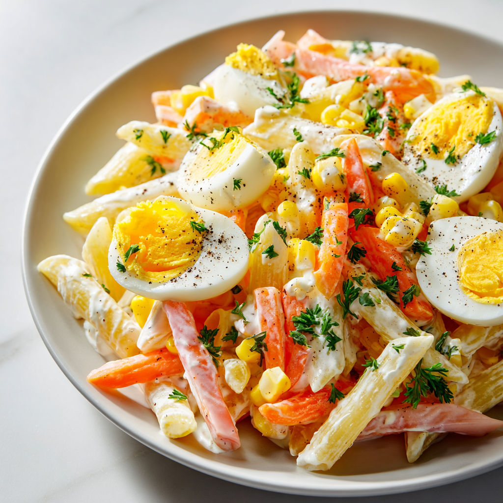 Une salade complète au surimi et œufs durs, prête en 25 minutes.