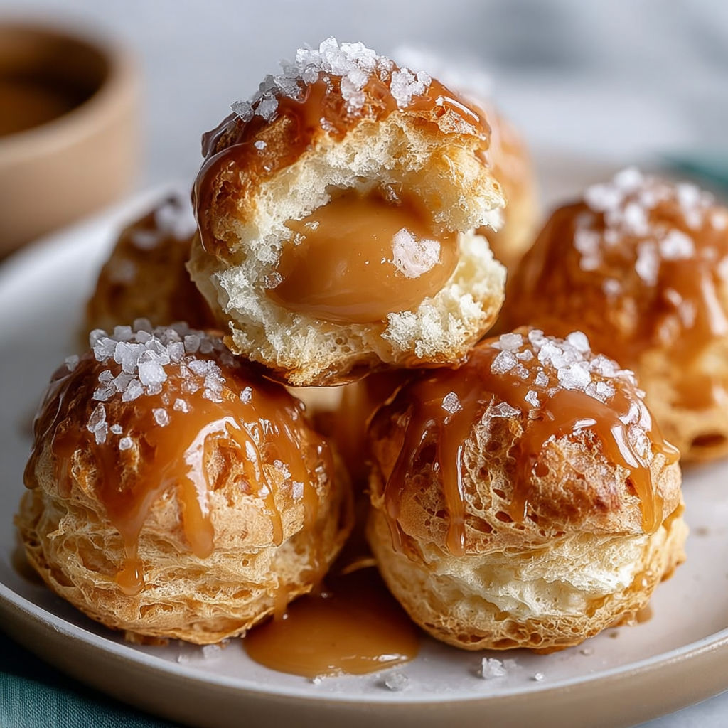 Plate of choux craquants fourrés à la crème caramel beurre salé.