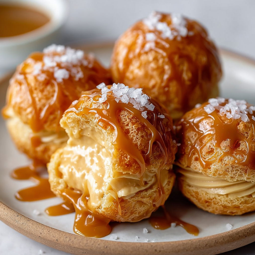 Petits choux fondants au cœur de caramel salé maison, délicieux et facile à préparer.