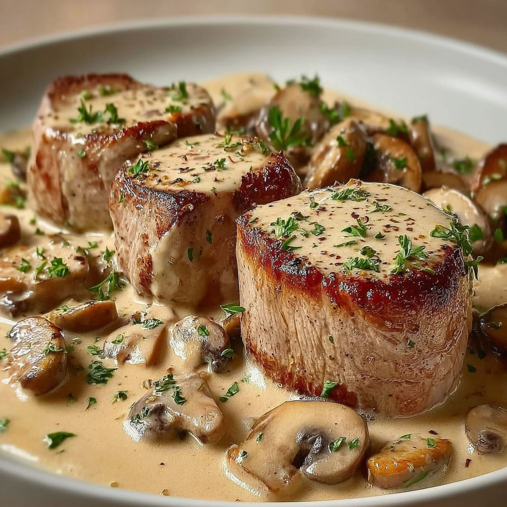 Une recette de steak avec des champignons et des herbes.