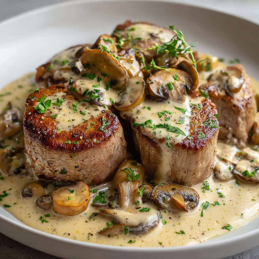 Une viande de boeuf grillée avec des champignons et une sauce au beurre.