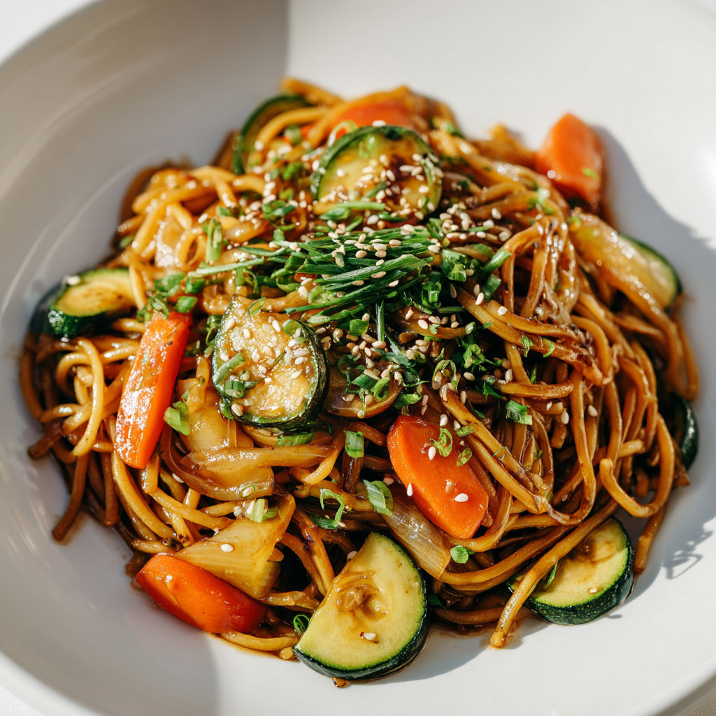Une assiette de nouilles sautées aux légumes, y compris des carottes, des courgettes et des légumes verts.