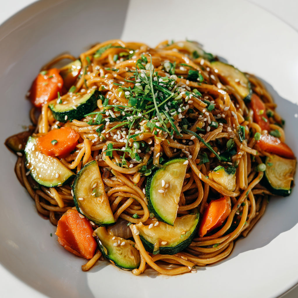 Une assiette de nouilles sautées aux légumes croquants, enrobées d'une sauce asiatique savoureuse à la sauce soja et hoisin.