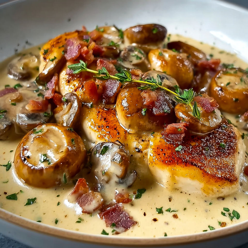 Un plat de poulet crémeux aux champignons et bacon, avec des herbes et des mushrooms, est servie dans un bol.