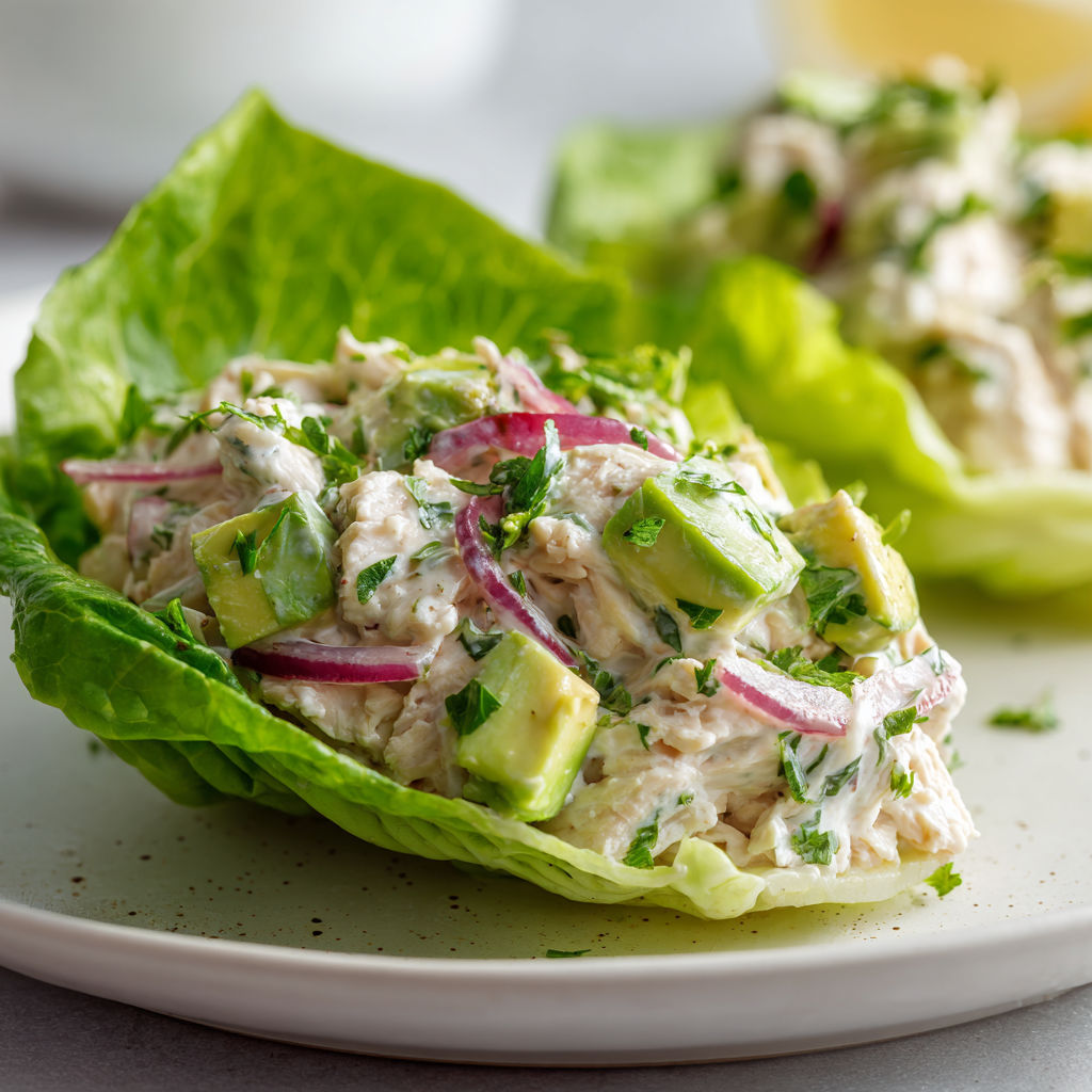 Rouleaux de laitue et salade de poulet à l'avocat.