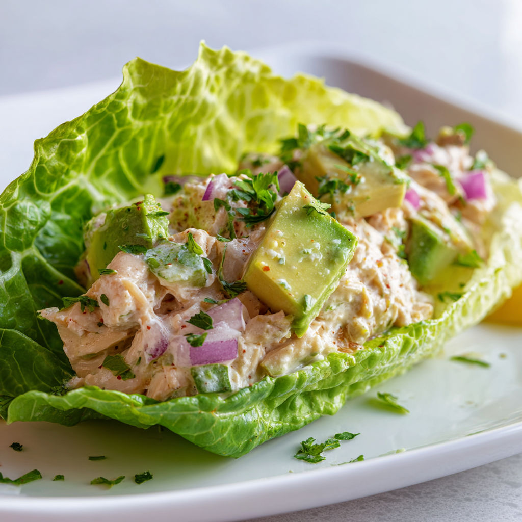 Une salade de poulet avec des légumes verts et des herbes.