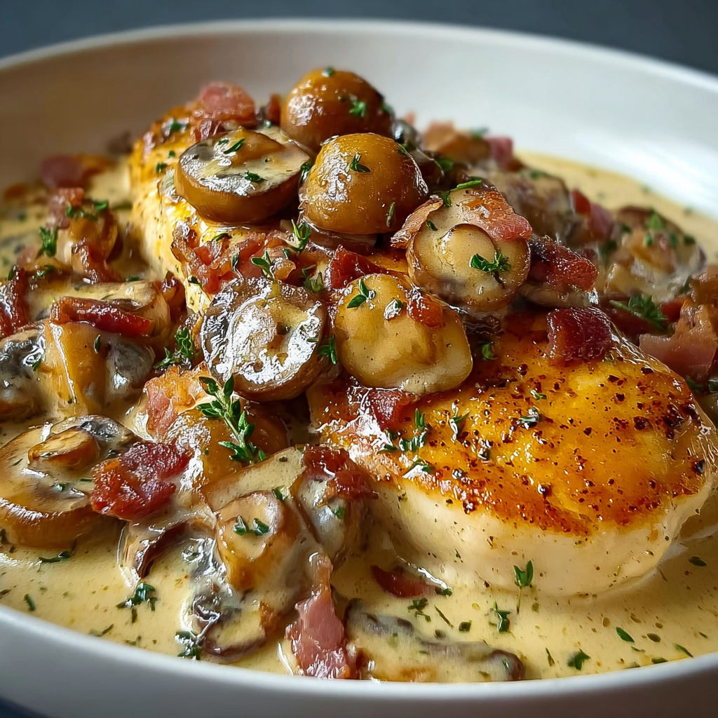Un plat de poulet mijoté dans une sauce onctueuse aux champignons et bacon croustillant.