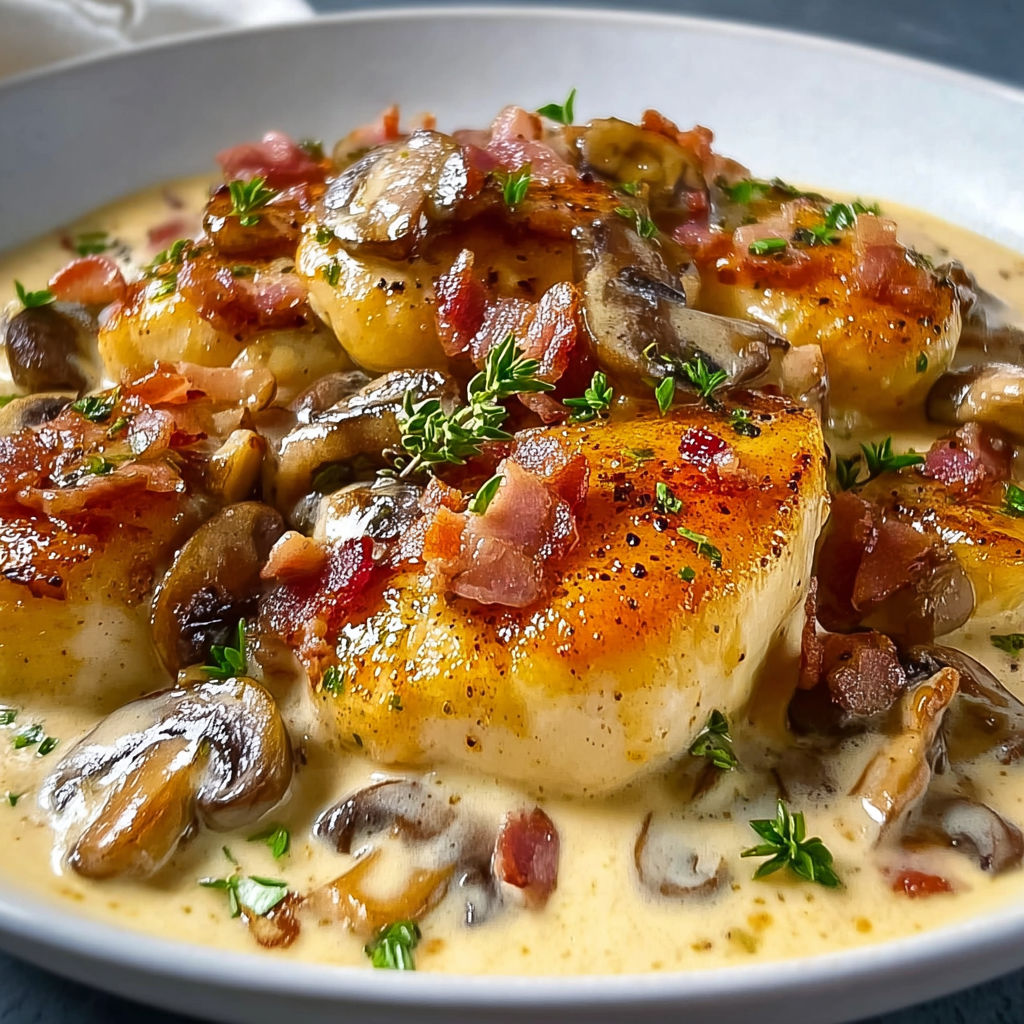 Plate of golden fried chicken with mushrooms and bacon, served with a creamy sauce.
