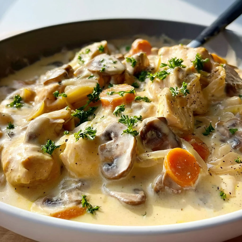 Une assiette de Blanquette de Poulet aux Champignons, avec des carottes et des herbes, est servie sur une table.