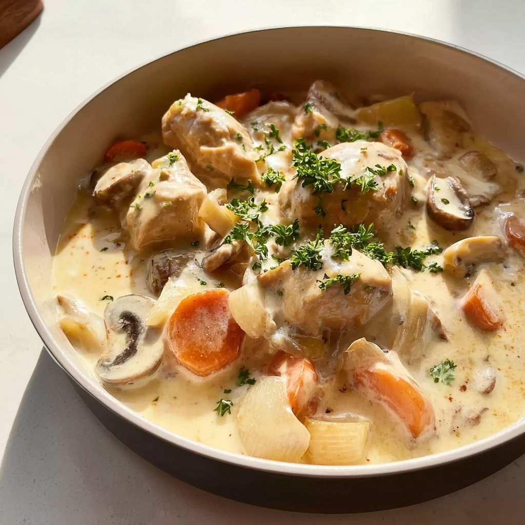 Une assiette de cuisine contenant des légumes et des viandes, avec une sauce au moutarde.