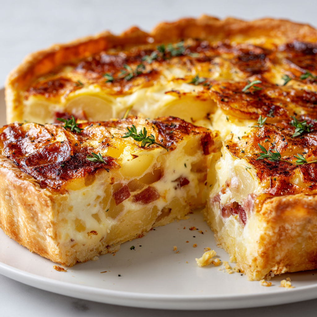 Une tarte aux pommes et aux champignons est servie sur un plateau.