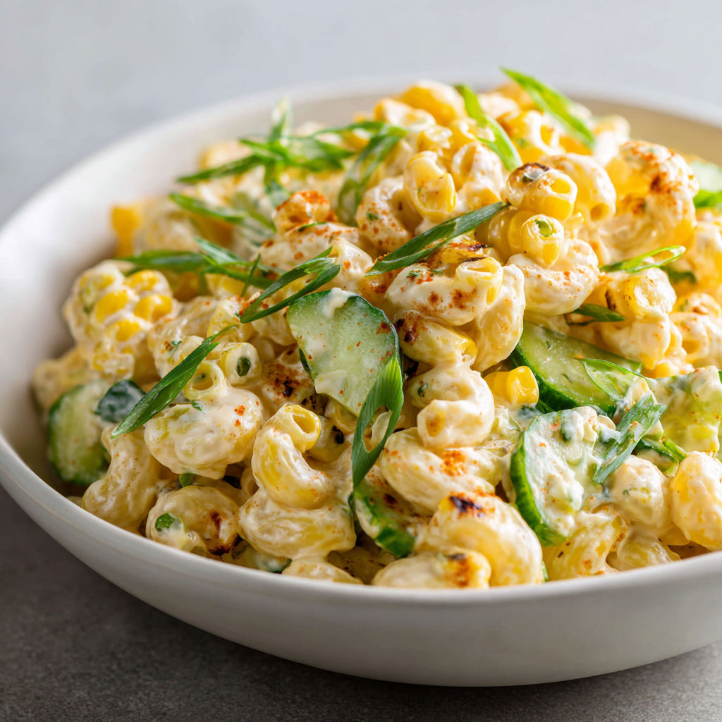 Une salade de macaronis crémeuse au maïs grillé est servie dans un bol.