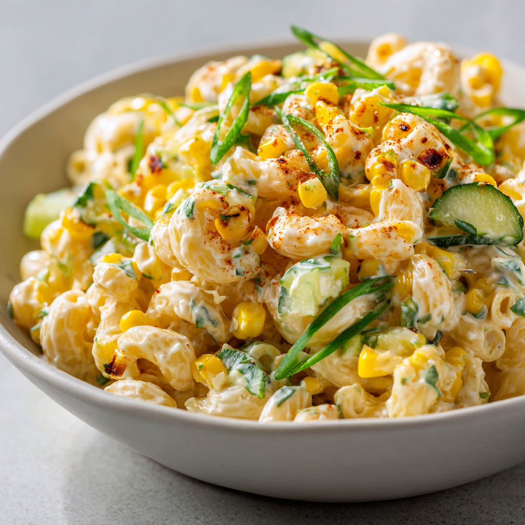 Une salade de macaronis au maïs grillé est servie dans un bol.