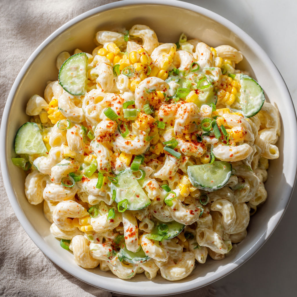 Une salade fraîcheur au maïs et concombres est servie dans un bol.