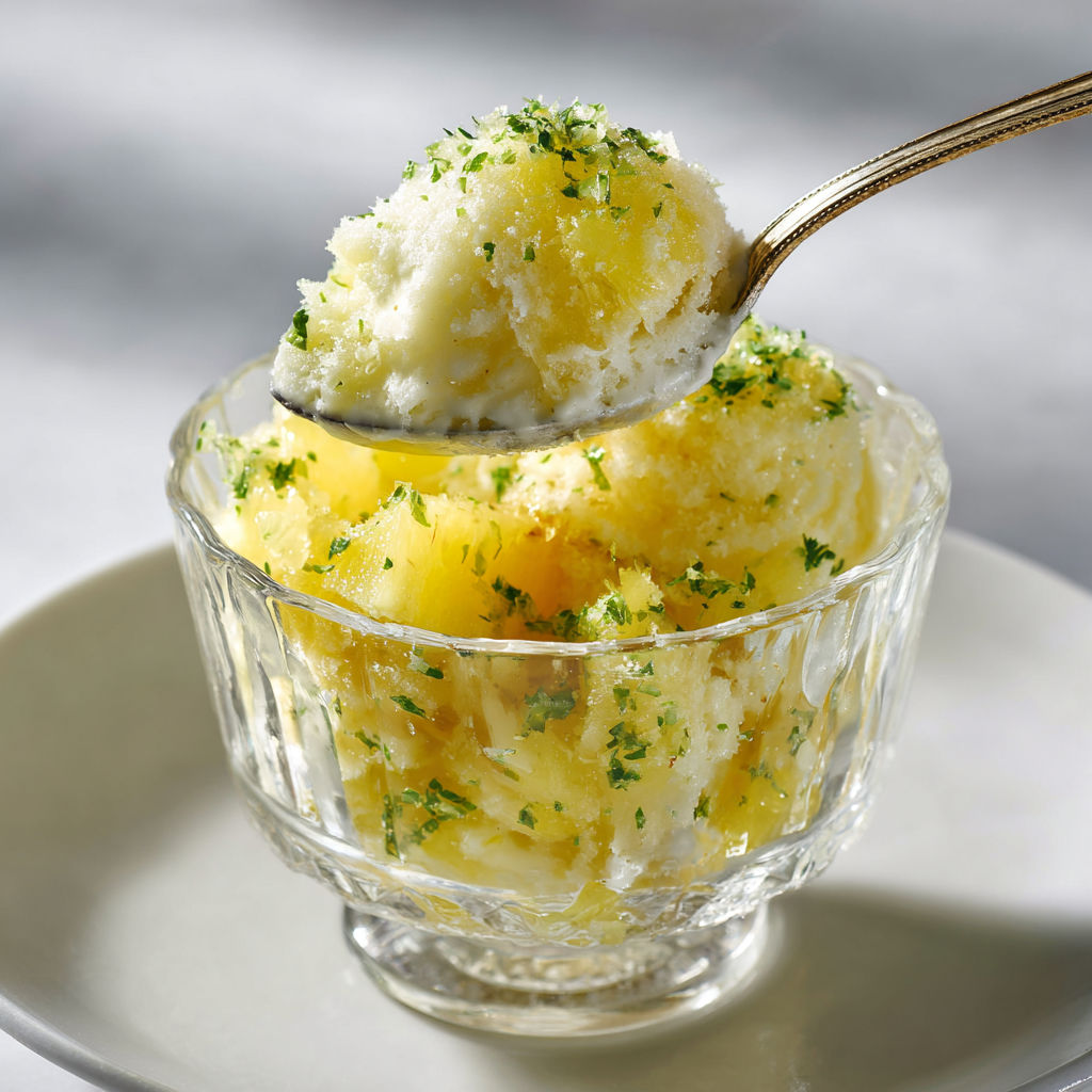 Une portion de glace râpée à l'ananas façon Hawaï est servie dans un verre.