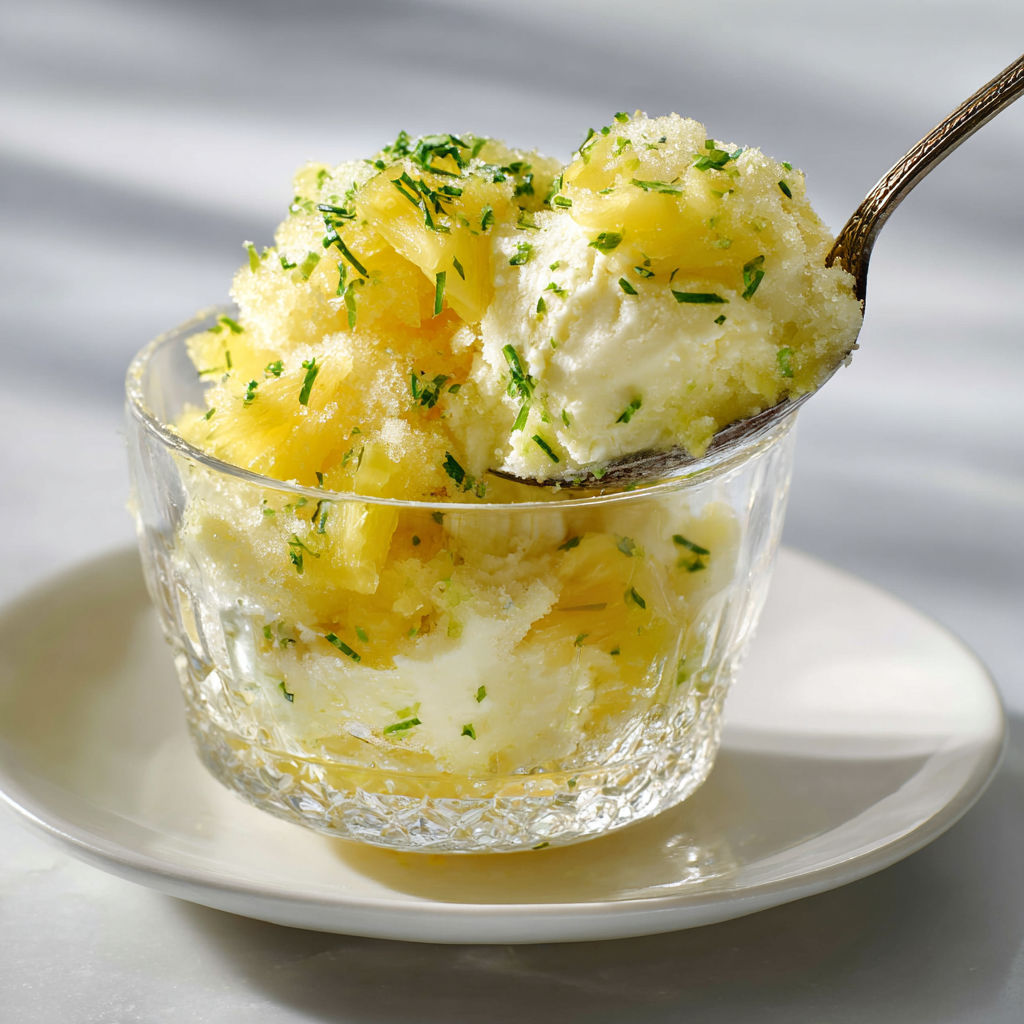 Dessert givré ananas-vanille-lime dans un bol.