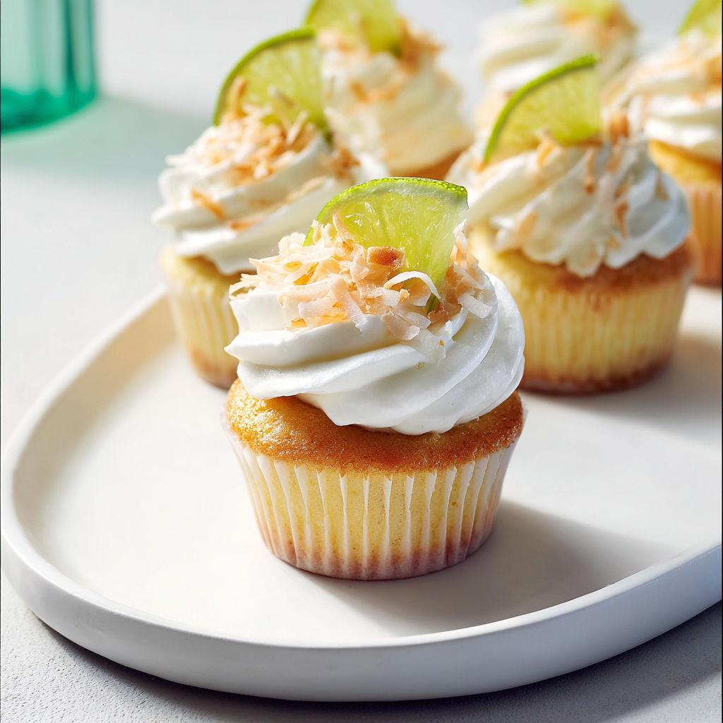 Des cupcakes lime-coco tropicaux sur un plateau.