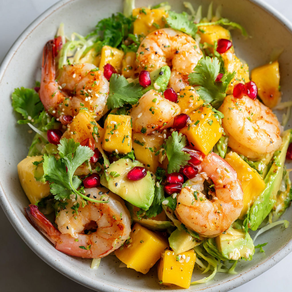 Une salade de crevettes, mangue et avocat est servie dans un bol.