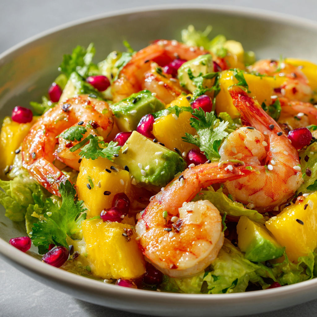 Une salade de crevettes et de mangue avec des herbes et des graines de coriandre.