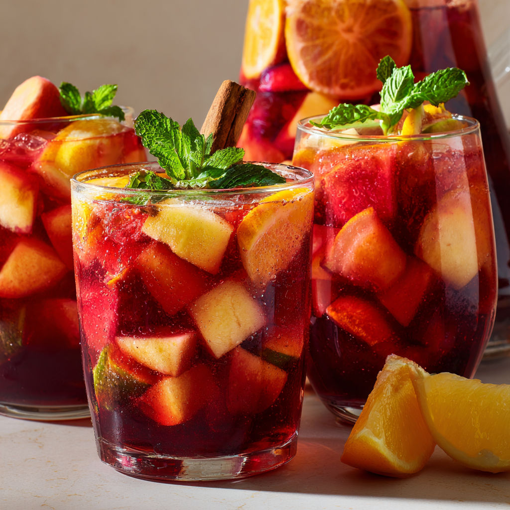 Un verre de sangria sans alcool est rempli de fruits frais, y compris des oranges et des cerises.