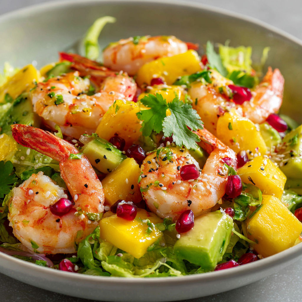 Une salade de crevettes et avocats avec des tomates cerises et des herbes.
