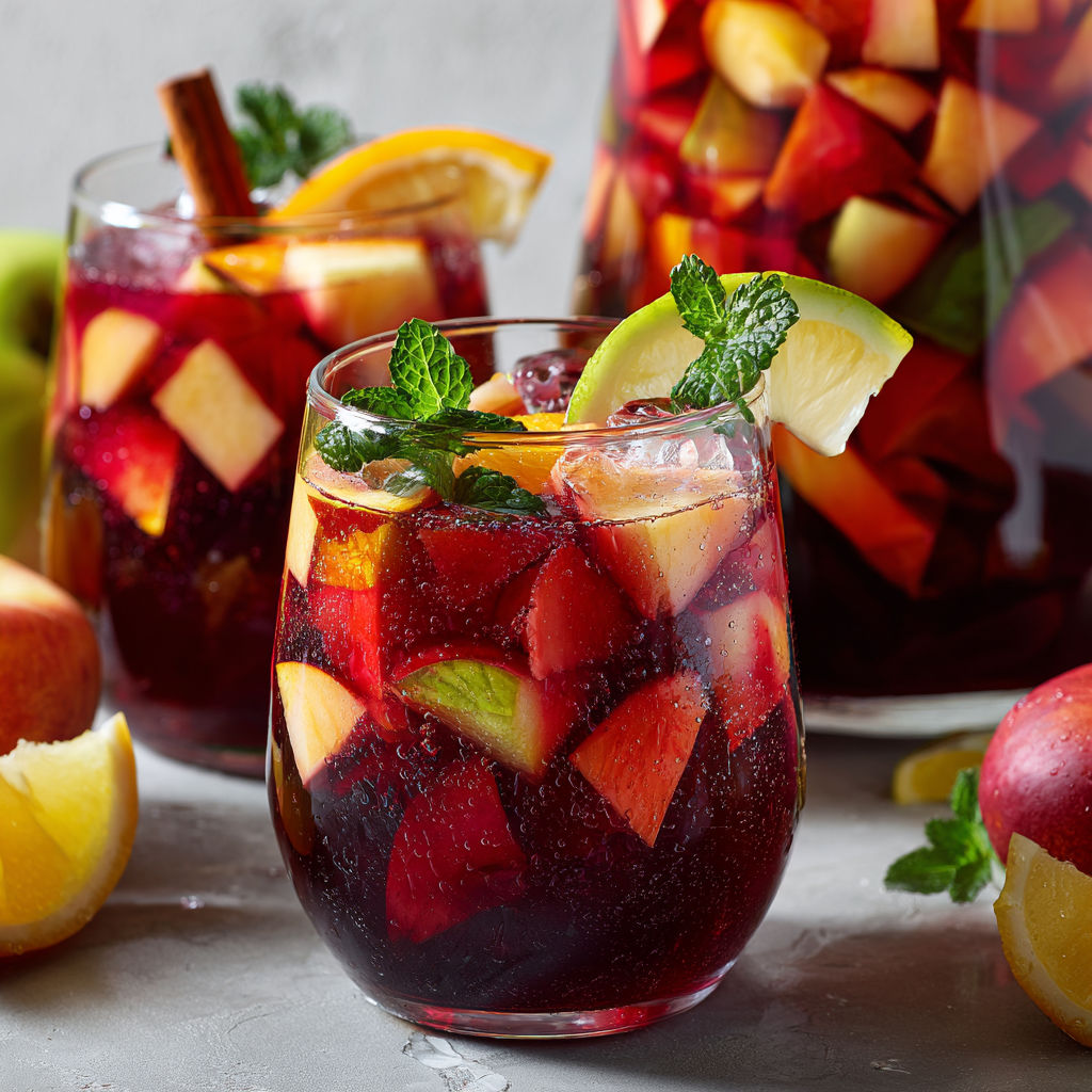 Un verre de sangria d'été sans alcool aux fruits frais, avec des fruits tels que des pommes, des oranges et des citrons.